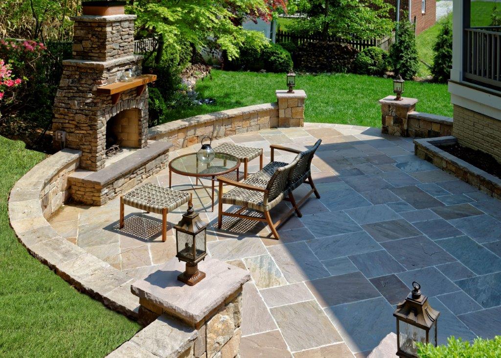 Flagstone Patio with Fireplace & Retaining Walls